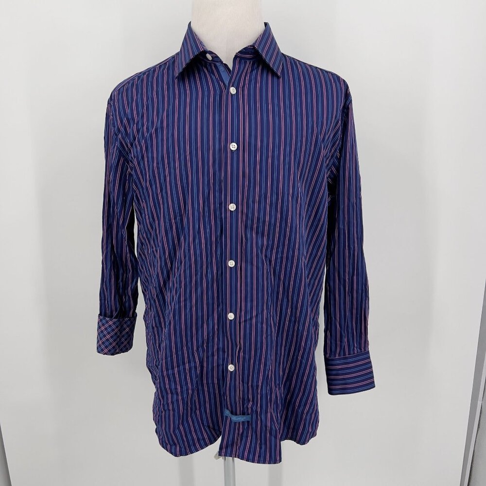 English Laundry Mens Striped 100% Cotton Dress Shirt 16.5 32/33 Blue/Pink - Picture 2 of 11